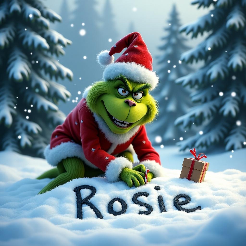 Grinch in a Christmas suit writes in white snow. He smiles cheerfully. Snowflakes fall softly creating a winter scene. The name 'Rosie' is written in fresh snow. Tall, snow-covered trees surround the setting. This visual embodies holiday magic and festive spirit.