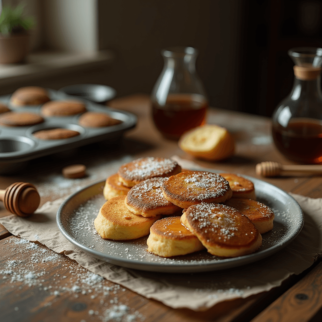 The image shows a plate of fluffy, golden-brown pancakes topped with a light dusting of powdered sugar. The pancakes are arranged on a rustic wooden table, suggesting a cozy breakfast setting. In the background, there is a muffin tin filled with more baked goods, alongside two glass carafes containing golden maple syrup. A honey dipper indicates the inclusion of honey as a likely accompaniment. The warm tones and soft lighting add to the inviting and homely atmosphere of this breakfast scene.