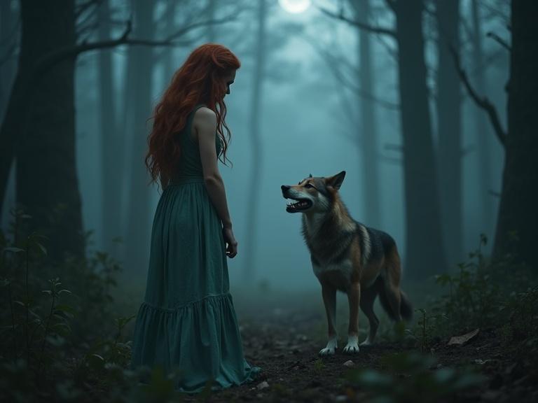 A mystical encounter in a foggy forest. A woman with fire red hair meets a tall male werewolf. Moonlight shimmers on their forms. The atmosphere is enchanting and mysterious.