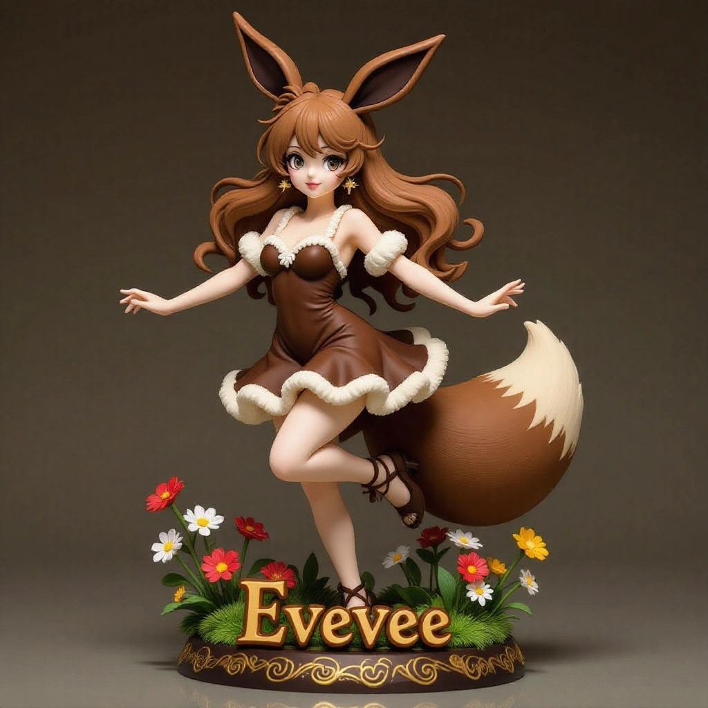 Eevee inspired female resin figure wearing a short brown dress with fluffy details resembling Eevee's collar. Long wavy hair with large ears. A fluffy tail visibly and posed flirtatiously. Expression is sweet and mischievous with a decorated base of flowers.