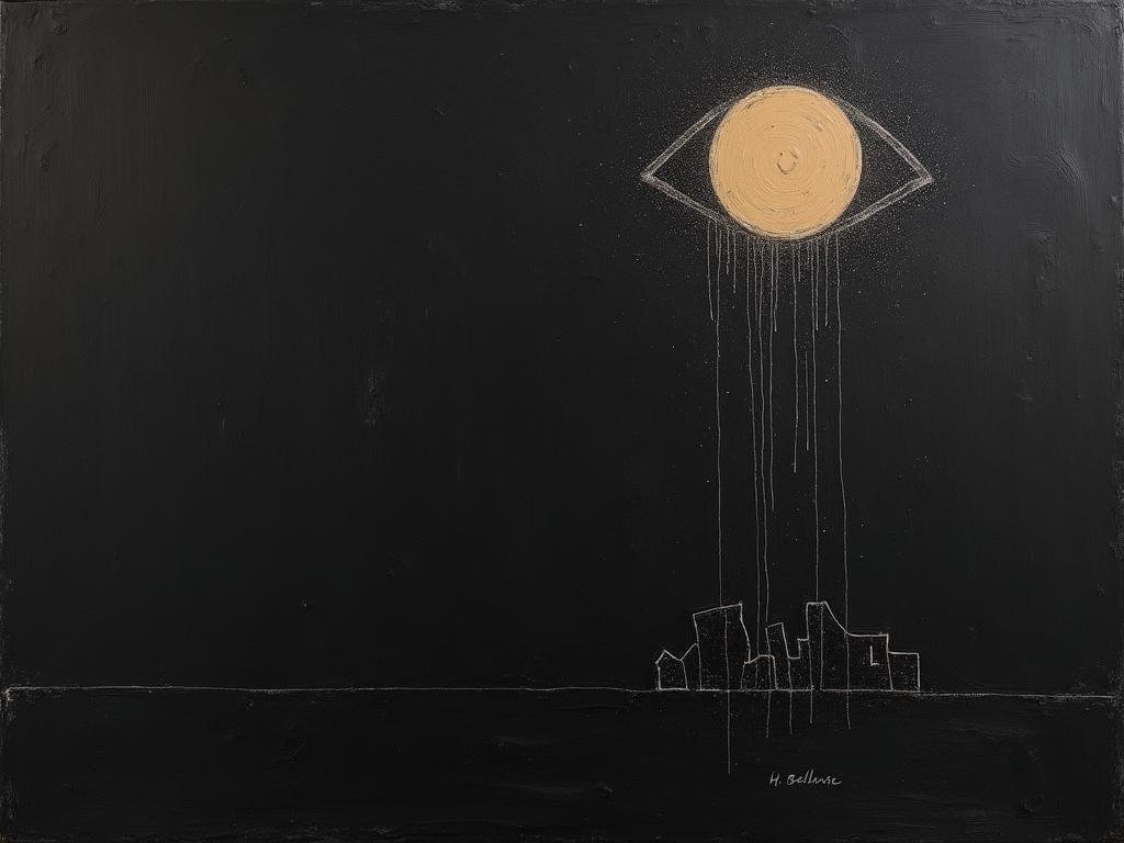 Rough oil painting on black background. Giant eye diagonally placed. Eye filled with cosmic darkness. Bottom features writing in silhouette style that resembles small town.