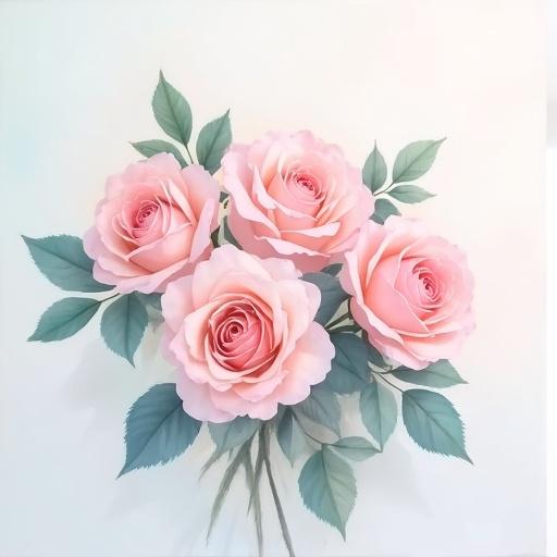 A painting of light pink and white roses on a white background. Soft edges of light pink and light aqua colors for a gentle appearance. Bright and airy with no dark shadows.