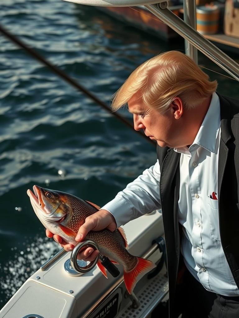 A man in a suit holding a fish on a boat at sea.