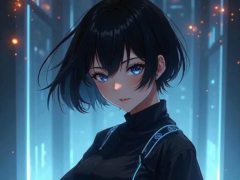 Masterpiece depicting a beautiful female ninja character with short black hair and blue eyes. Cyberpunk theme with dark colors and glowing elements. The character appears sexy and cute.