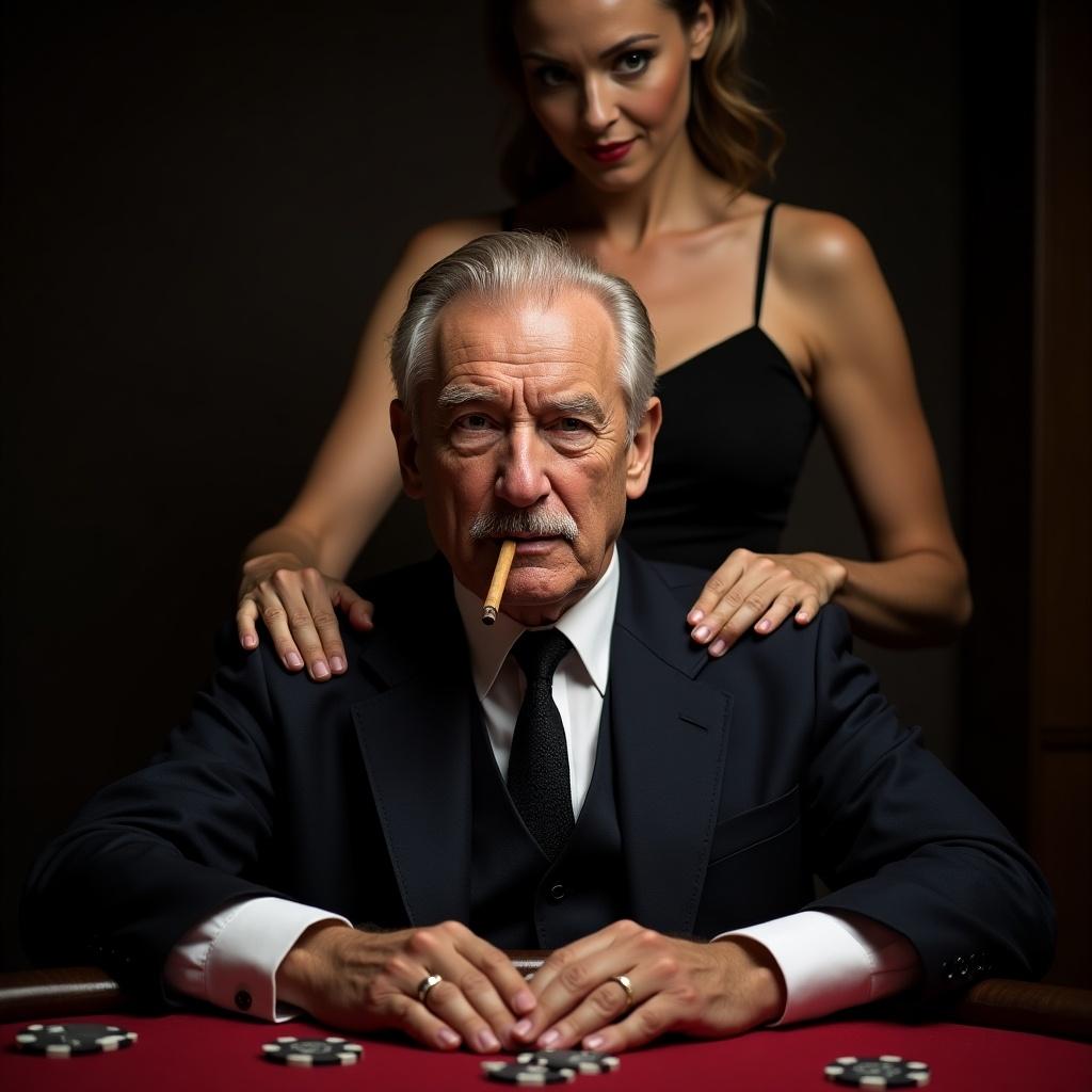 Image shows an older man sitting at a poker table. He is in a sharp suit with a cigar. A woman stands behind him, placing her hands on his shoulders. The scene conveys power and intrigue.