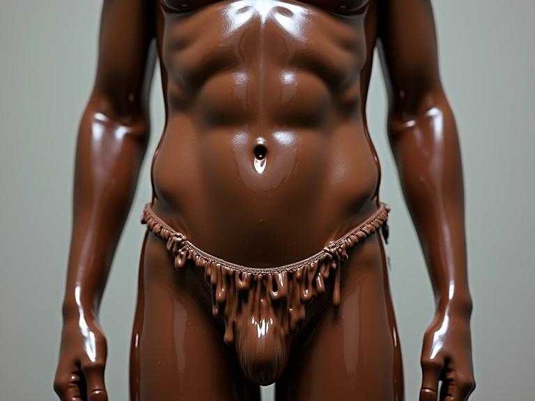 Bikini male body sculpture covered in melting chocolate. Closeup frontal view. Surreal and minimalist design.
