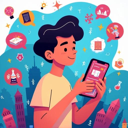Vibrant digital illustration of a person exploring EduTok on a smartphone. Screen shows educational TikTok videos with hashtags. Background features icons for literature, chemistry, math, and languages. Person looks curious and engaged surrounded by icons like lightbulbs and thought bubbles illustrating content formats.