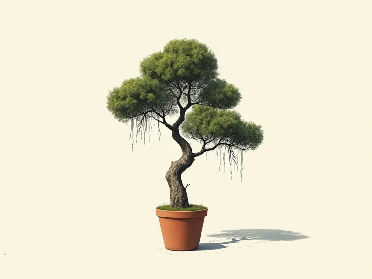 Modern screen printed poster art illustration of a miniature tree. Realistic high contrast strong lighting. Very simple background. Straight tree with highly asymmetric gnarled trunk and long drooping branches in simple clay pot.