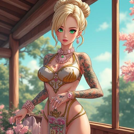 Anime character design featuring a futuristic woman in a luxurious Japanese garden. She has emerald green eyes and light blonde hair styled in an oversized bun. Dressed in modern business attire with sophisticated jewelry. The setting is colorful and blends traditional and futuristic elements.