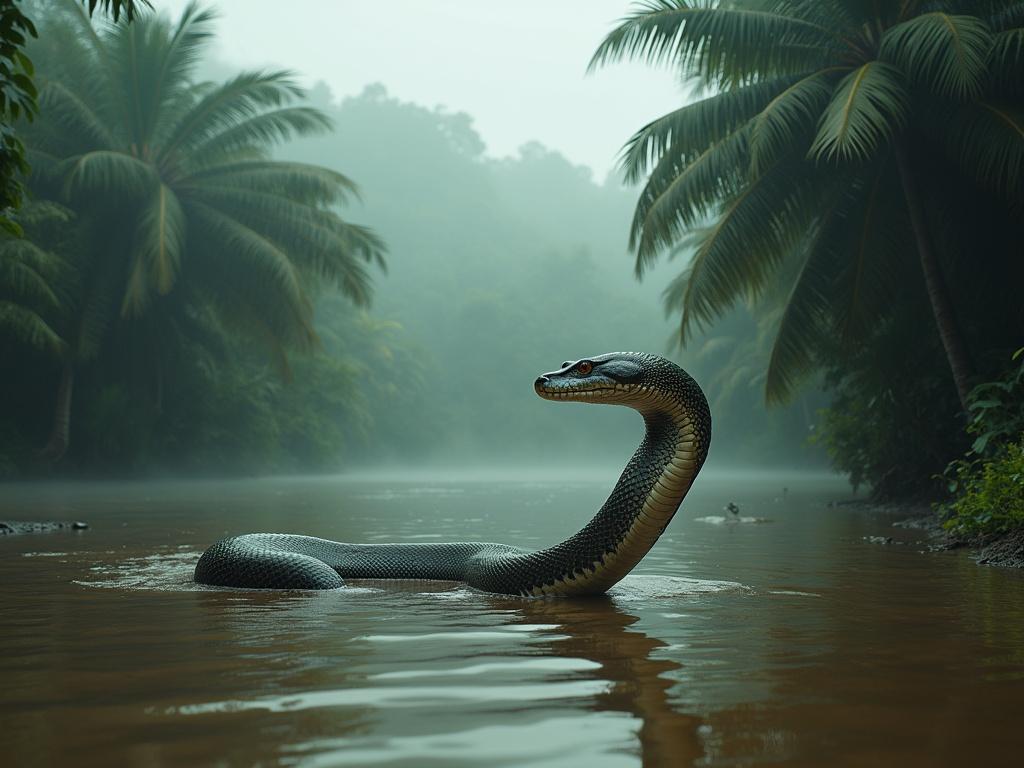 A large snake (possibly an anaconda) is prominently featured in a river scene, partially submerged with its head raised above the water. The setting is lush with tropical foliage, including palm trees, and shrouded in mist, suggesting a humid jungle climate. The water is a muddy brown tone, reflecting the greenery nearby. Soft, diffused lighting creates a mysterious atmosphere, enhancing the serene yet slightly ominous feeling of the surroundings. The background is rich with dense vegetation and hints of further landscape disappearing into the fog.