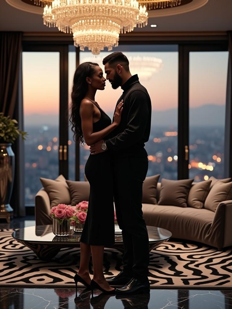 A hyper-realistic 4K image of a loving couple in a luxurious living room. The woman wears an elegant black dress with manicured nails. The man wears a stylish cowl neck sweater and tailored pants. The room features an Art Deco design with a zebra color scheme. An opulent chandelier hangs above. The atmosphere is romantic and intimate with evening light and city views.