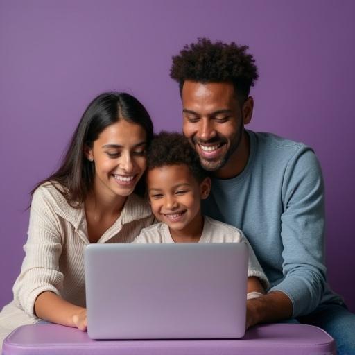 Ultrarealistic portrait of a young family. Smiling together while looking at a laptop. Purple background enhances the cheerful mood.