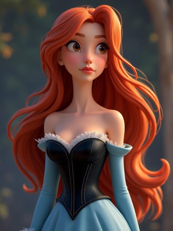 3D exquisite Disney character with long red hair and hazel eyes wearing a blue and black corseted gown