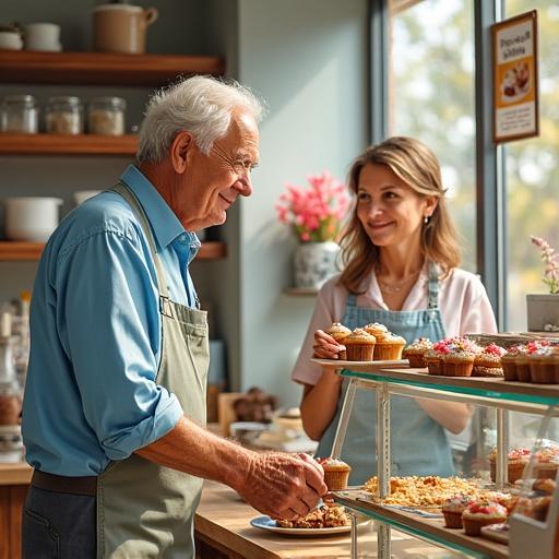 A regular customer, Mr. Thompson, selects treats in a bakery. He is buying cupcakes, cookies, and a small cake for his granddaughter's birthday party. Interaction with a shopkeeper is joyful and friendly.