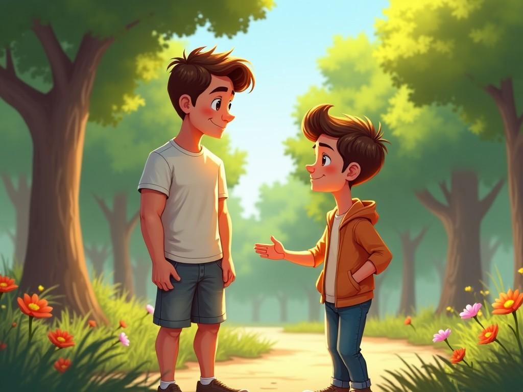 A cheerful animated scene depicting two boys interacting in a vibrant forest setting with colorful flowers and sunlight filtering through the trees.