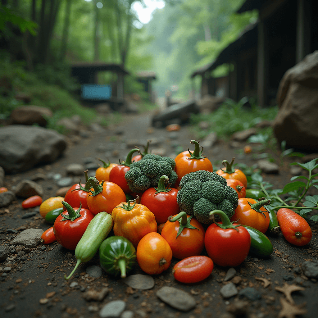 A colorful assortment of vegetables on a rustic forest path.