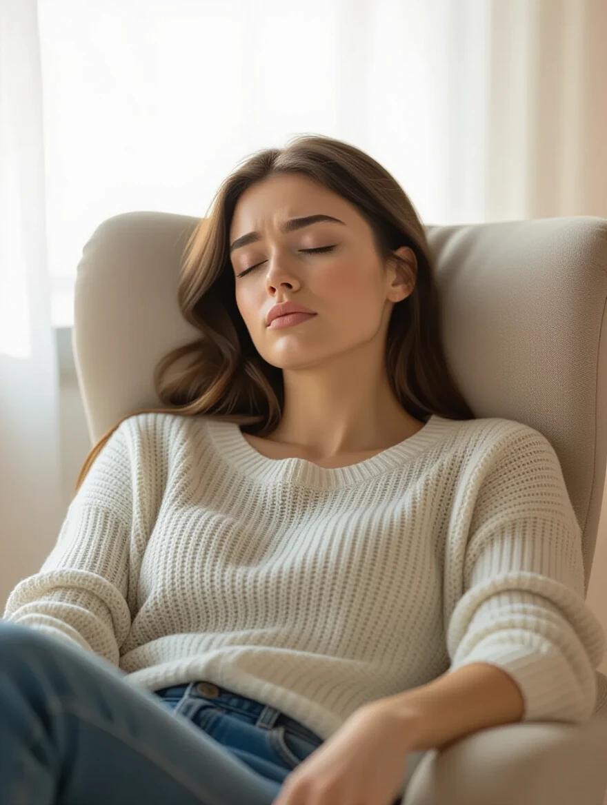Portrait of a person slumped in a chair with their head back and eyes closed. Subject appears exhausted with warm skin tones. Natural light creates a calming atmosphere. The image captures a photorealistic portrayal of fatigue and vulnerability.