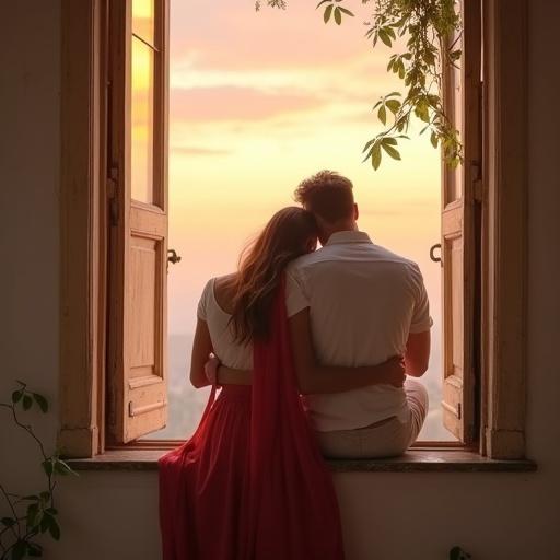 Young couple sitting on ledge of old open window. Woman in white dress with crimson dupatta. Long hair flowing in breeze. Head resting on man's shoulder. Man in simple shirt and pants. Soft expressions. Beige and cream walls. Golden pink twilight light. Sky glowing in peach and orange. White curtain fluttering. Love vines in the scene.