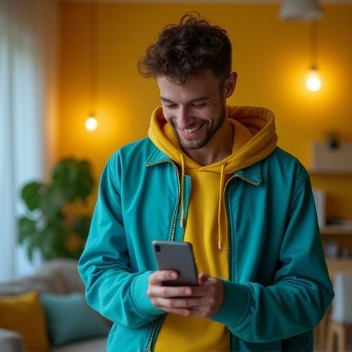 Young man enjoys smartphone while wearing turquoise and yellow outfit. Modern clean living room as background with cheerful atmosphere and cinematic low lighting.