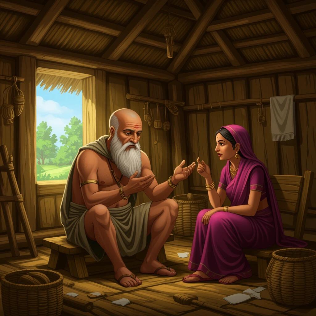 Visual representation of Sudhama and his wife in a poor hut. Sudhama is bald and dressed simply. He listens to his wife who encourages him to seek a solution for their poverty.