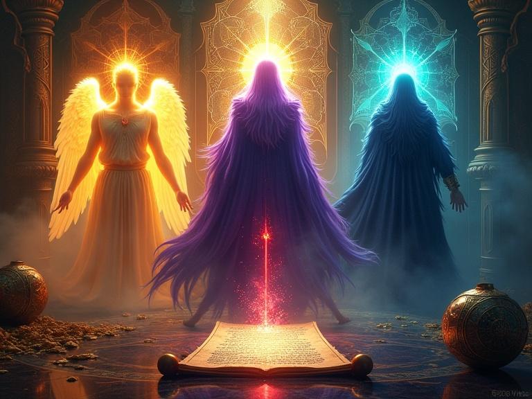 YouTube cover with a tripartite composition. Angelic figure on the left with golden-yellow and orange hues. Wise sage in the center with deep purple against a golden background. Dark entity on the right in midnight blue with greens and purples. Surrounded by mystical symbols and a glowing scroll with cryptic writing. Illustration inspired by alchemy with detail and contrast. Strong aura around characters and drama in shadows.