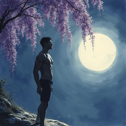 Stylized artistic representation of a shirtless male figure in moonlight. Wisteria flowers frame the scene, creating an ethereal atmosphere. The focus is on beauty and delicate details, emphasizing proportions and anatomy.