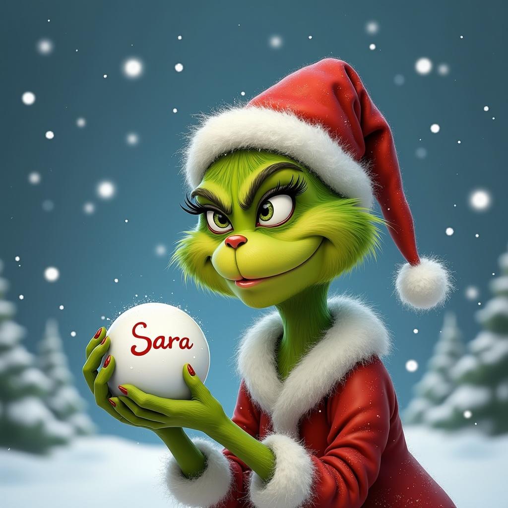 Grinch character in a festive setting holding a snowball with the name Sara.