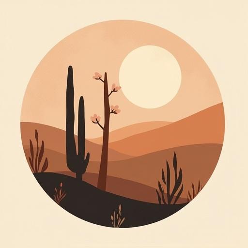 Abstract wall art featuring silhouettes of cacti. Minimalist design with warm earth tones. Centered composition with circular framing and a large sun. High detail and suitable for print.