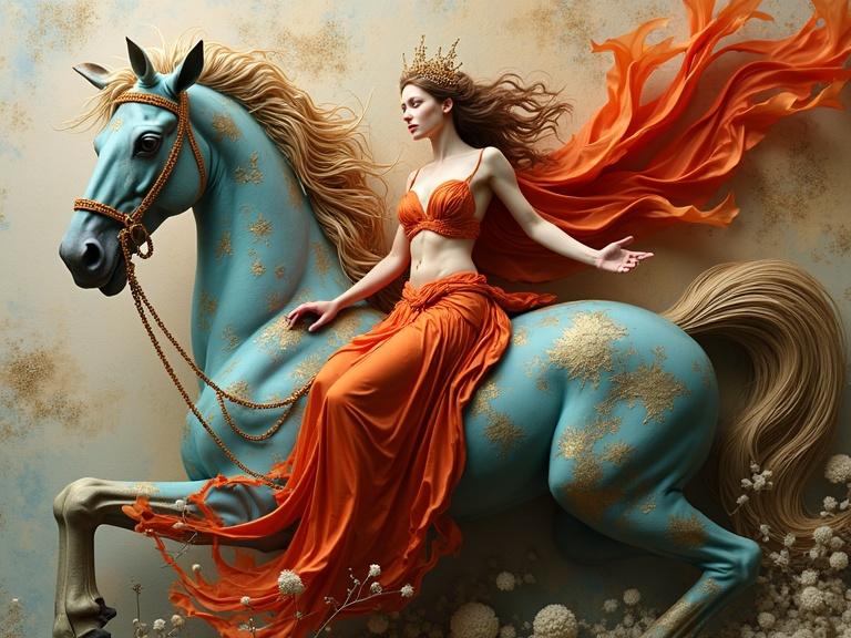 3d multi-layered mixed-media art masterpiece depicting a regal figure on a blue horse. The figure wears a flowing orange dress, symbolizing elegance and beauty. The art features intricate patterns with gold accents.