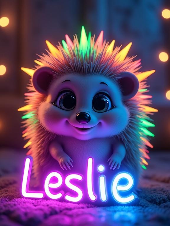 A cute hedgehog with vibrant spikes glowing brightly in the dark. Rainbow-colored quills shimmer in shades of blue and green. Set against dim warm lights. Hedgehog's face shows friendliness and curiosity with large eyes and a smile. Below, neon letters spell out "Leslie."