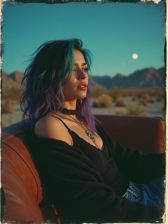Candid photo captures a woman in a black shawl and tank top. She has layered purple and turquoise hair. Sitting on a brown couch in the desert. The focus is on the beauty of the night sky above. The scene conveys relaxation and tranquility.