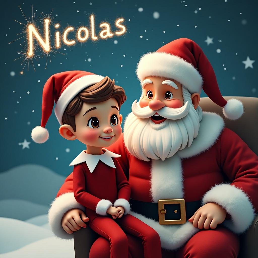 Create a festive image of a boy Elf on the shelf with short brown hair and brown eyes. He is sitting with Santa Claus at the North Pole. The name Nicolas is written in the sky with sparkles.