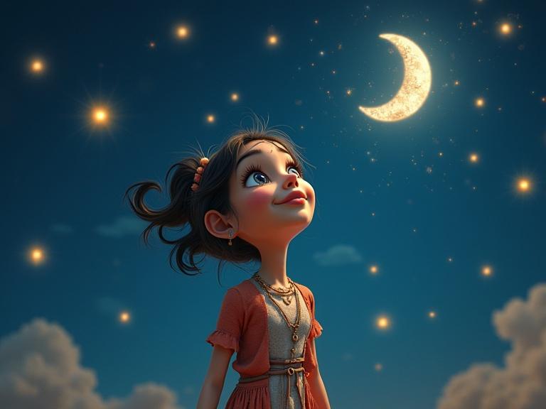 A girl stands under a night sky. She watches falling stars. The moon glows softly. The scene features textures of the stars. The overall style is bohemian and whimsical. Digital art created in the aesthetic of Ally Fell.