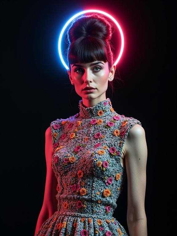 Full body portrait of a model in a floral dress. The model has a neon halo around her head. The image combines traditional needlework with modern artistic techniques. The style is inspired by Eiko Ishioka.