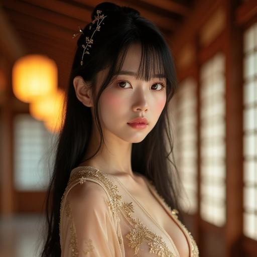 Ultra-realistic portrait of an elegant East Asian woman. She has glowing porcelain skin and soft pink blush on cheeks. Large brown eyes have a confident gaze. Black hair with blunt-cut bangs frames her face. She wears a luxurious Japanese-inspired dress with sheer fabric and revealing cuts. Dress exposes shoulders, upper chest, and legs, complemented by kimono-style sleeves with gold embroidery. Bodice accentuates her figure. Pose is poised, reminiscent of a classical court lady. Background features traditional Japanese architecture with warm light.