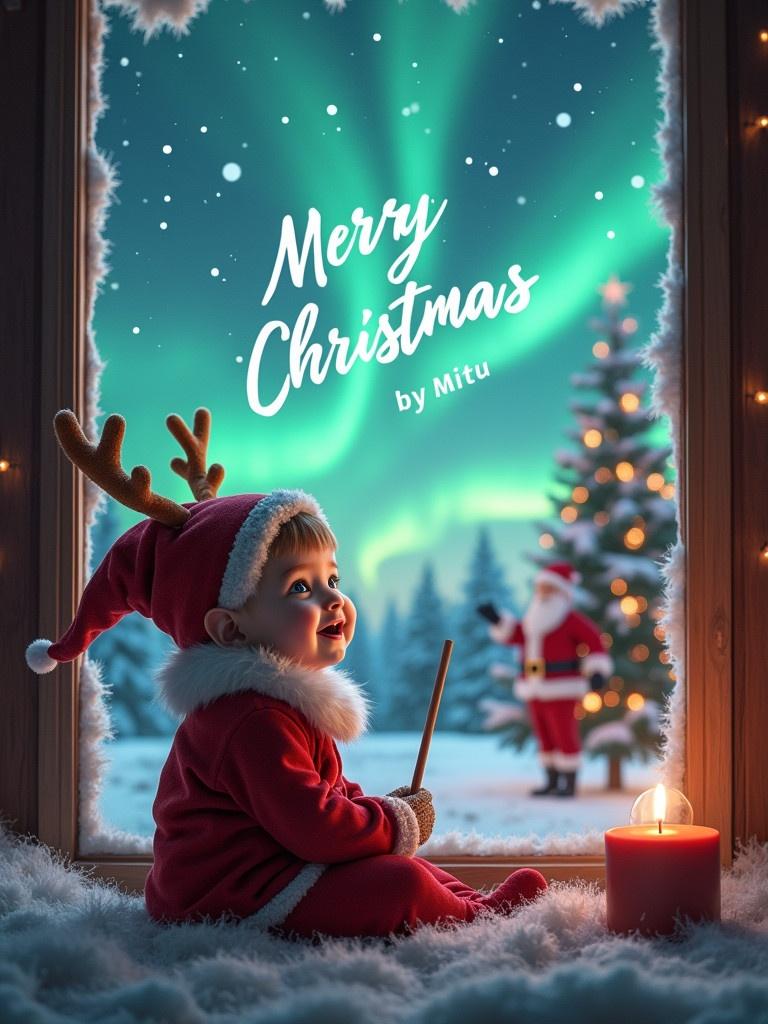 An enchanting image features a young elf character sitting by a cozy window during Christmas. The elf is dressed in a festive outfit and joyfully uses a wand to write in the sky. In the background, Santa Claus can be seen. The setting is a peaceful winter wonderland with snow-covered trees and a glowing ambiance. This holiday-themed visual captures the spirit of Christmas. A baby wearing a reindeer costume is seated on a fluffy blanket with a Christmas tree in the background and soft snowflakes falling.