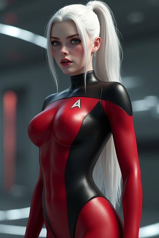 A hyperrealistic portrayal of a character in a red and black bodysuit inspired by Star Trek. Character has very pale skin, long white ponytail, and light blue eyes. Shy yet sensual expression and a dramatic pose are prominent. The background features a sci-fi setting with elements of a starship.
