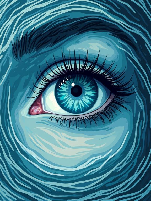 Vector art illustration featuring spiral pattern. Turquoise blue woman's eye is at the center. Flat vector style used.