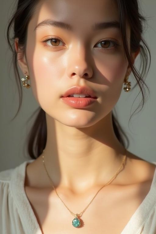 Stylish young woman showcases clean girl aesthetic. Minimalist aquamarine jewelry includes delicate pendant necklace and tiny gemstone stud earrings. Natural makeup highlights glossy lips and slicked-back hair. Soft sunlight enhances the neutral background. Jewelry sparkles subtly and catches light. The overall look conveys calmness and elegance, inspired by TikTok and Pinterest aesthetics.