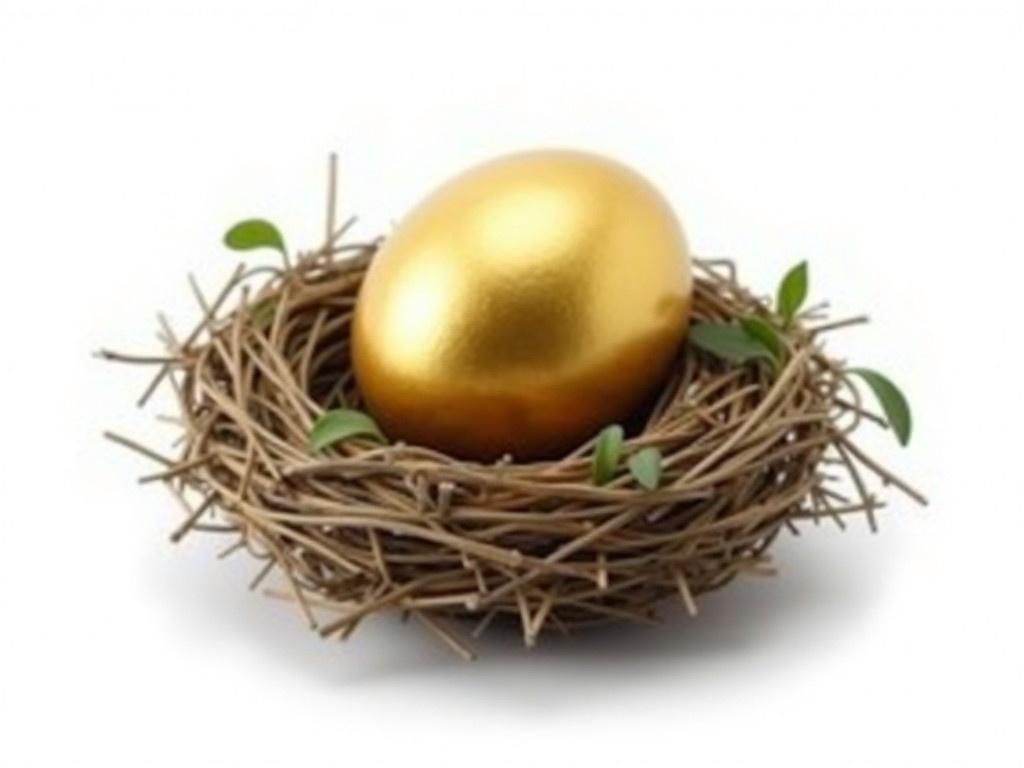 Professional sharp stock photo of a bird's nest made of twigs and grass. Nest contains a large golden egg. Background is white. Nest appears delicate yet sturdy. Nest intricately woven with twigs grass and small leaves. Golden egg symbolizes wealth and prosperity. White background allows focus on nest and egg. Conveying concept of saving and preparing for retirement.