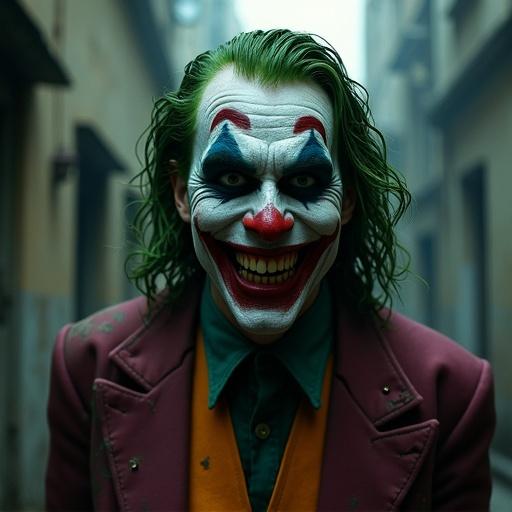 A horror-style representation of a Joker character with a wide grin. The Joker exhibits long green hair, tattered blood-stained suit, pale grayish skin, and sharp jagged teeth. The background features dark alleyways and decaying buildings to evoke a foreboding atmosphere.