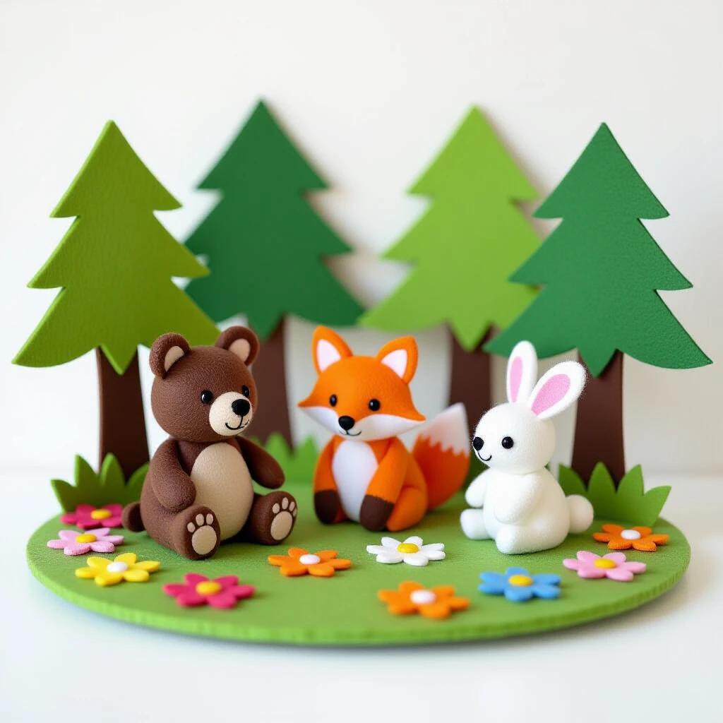 Charming forest scene made from cut felt pieces. Brown felt bear sits with orange felt fox and white felt rabbit on green felt grass base. Brown felt trees with green felt leaves surround the scene. Brightly colored felt flowers decorate the ground. Soft, fuzzy felt texture evident. Captured in craft room lighting from overhead. Aesthetic perfect for children's projects.