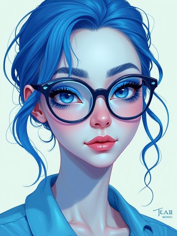 Digital art illustration of a nerdy Finnish woman with blue and white hair against a pastel background. Vivid blue eyeshadow on one side and white accents on the other. She wears glasses and has a confident expression.