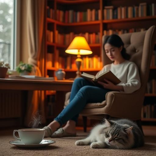 A cozy reading library with warm tones. A young woman sits peacefully in a chair reading a book. A wooden table holds a steaming porcelain coffee cup. A fluffy cat sleeps on the carpet. Background features wooden bookshelves, soft ambient lighting, and a calming atmosphere.