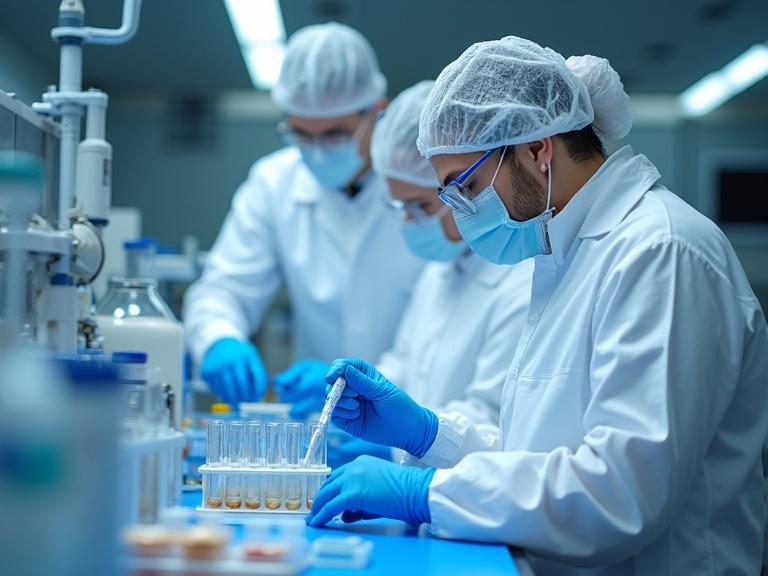 Laboratory scientists in protective suits work in sterile environment with test tubes and pipettes. Blue gloves are worn. Advanced equipment is present in clinical setting. Focused work is seen with precision instruments in a biotechnological clean room. Highlighting scientific discovery and microbiological analysis under fluorescent lighting.