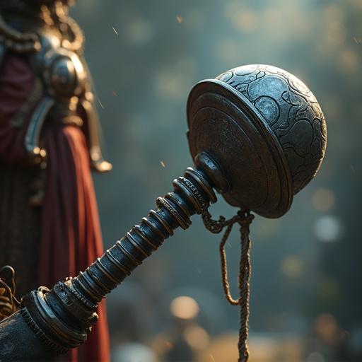 A detailed mace with a sturdy handle and spherical flanged head made of polished metal. The scene is a majestic illustration with exquisite textures and shading.