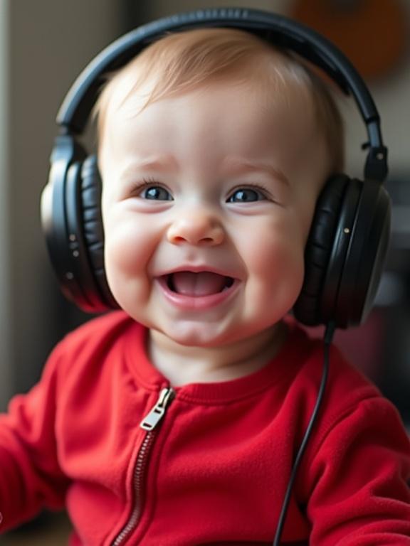 Infant with headphones. Joyful expression. Bright red outfit. Close-up shot. Soft lighting. Lightly blurred background showing studio.