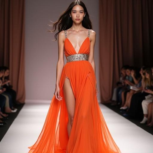 A model walks on a runway showcasing a stunning orange dress. The dress features elegant straps and a high slit. The audience watches eagerly from the sides of the runway. The environment is bright with a clear focus on the model's attire.