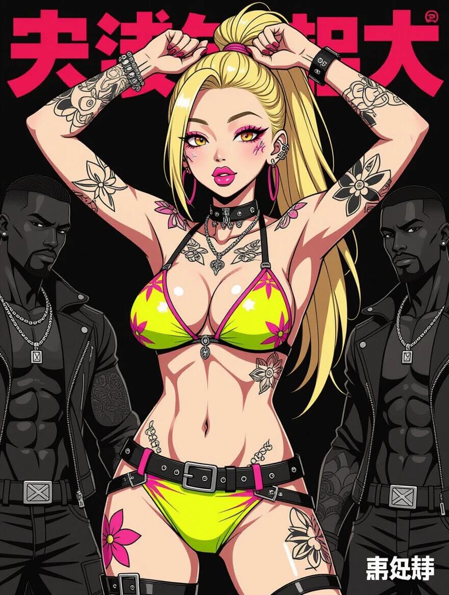 Hot Asian cyberpunk model in a bright bikini. Model features blonde high ponytail and numerous tattoos. Full lips blush and mouth is open with bright makeup. Both arms raised high and posed to the side. Model wears high boots. Surrounded by strong black men. The artwork is in black and white cartoon style.