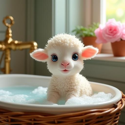 A vertical photograph of a young lamb taking a bath in a wicker basket tub inside a cozy country bathroom. The lamb has a cute face with large blue eyes. Its wool is clean and curly, glistening with water droplets. Foamy water overflows from the basket. Background features vintage brass faucets, wooden walls, and pink flowers in clay pots. Natural daylight is streaming in. Overall colors are vibrant and cheerful.